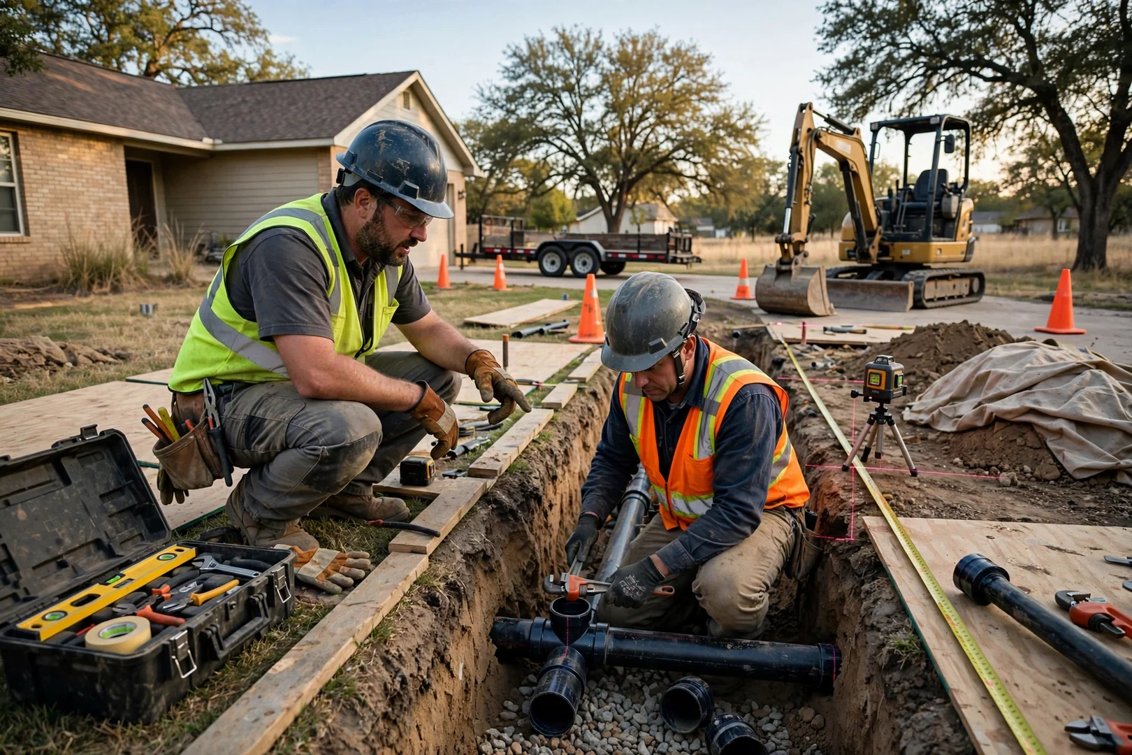 Excavator digging a home foundation on a residential lot in Lawton