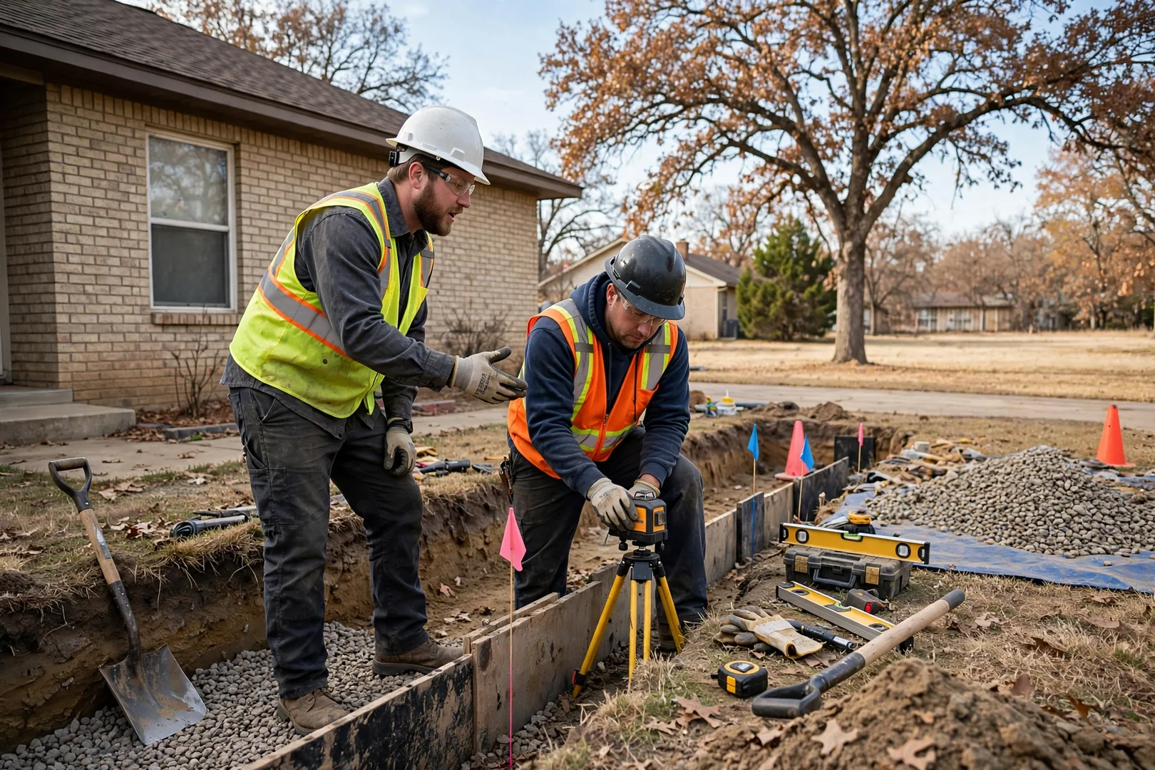 Excavator digging a foundation trench on a residential lot in Lawton, OK