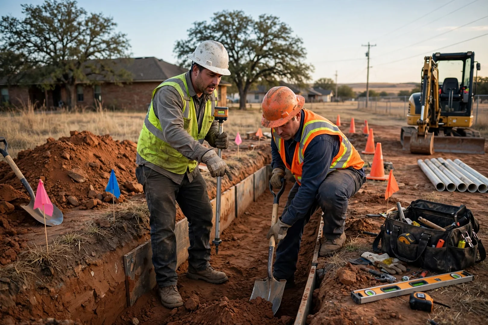 Excavation contractor measuring a residential lot for a foundation estimate in Lawton