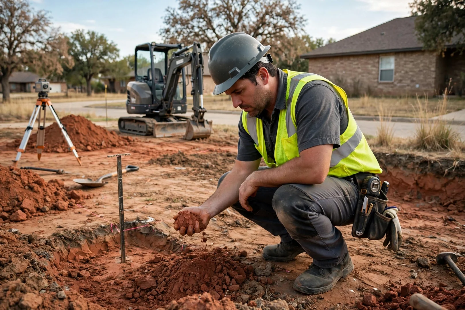 Excavation contractor reviewing site grade and soil conditions at a Lawton residential lot