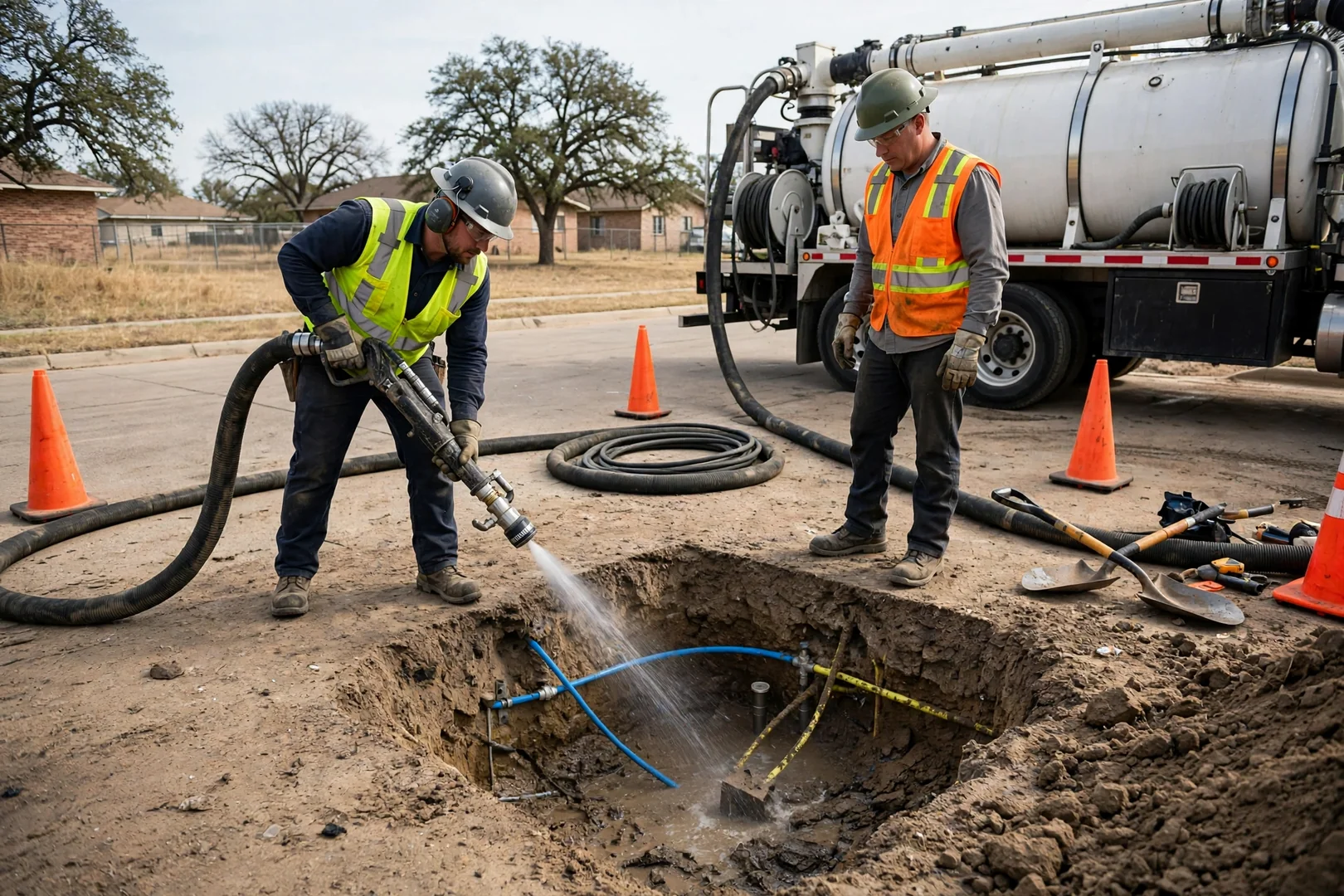 Hydro excavation truck exposing marked underground utility lines before trenching work begins