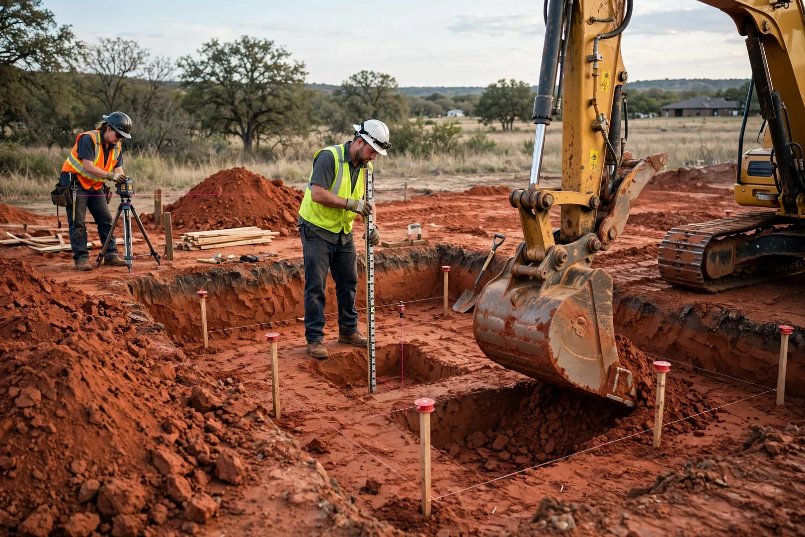 Excavator digging a foundation footprint with laser level grade stakes in red clay soil
