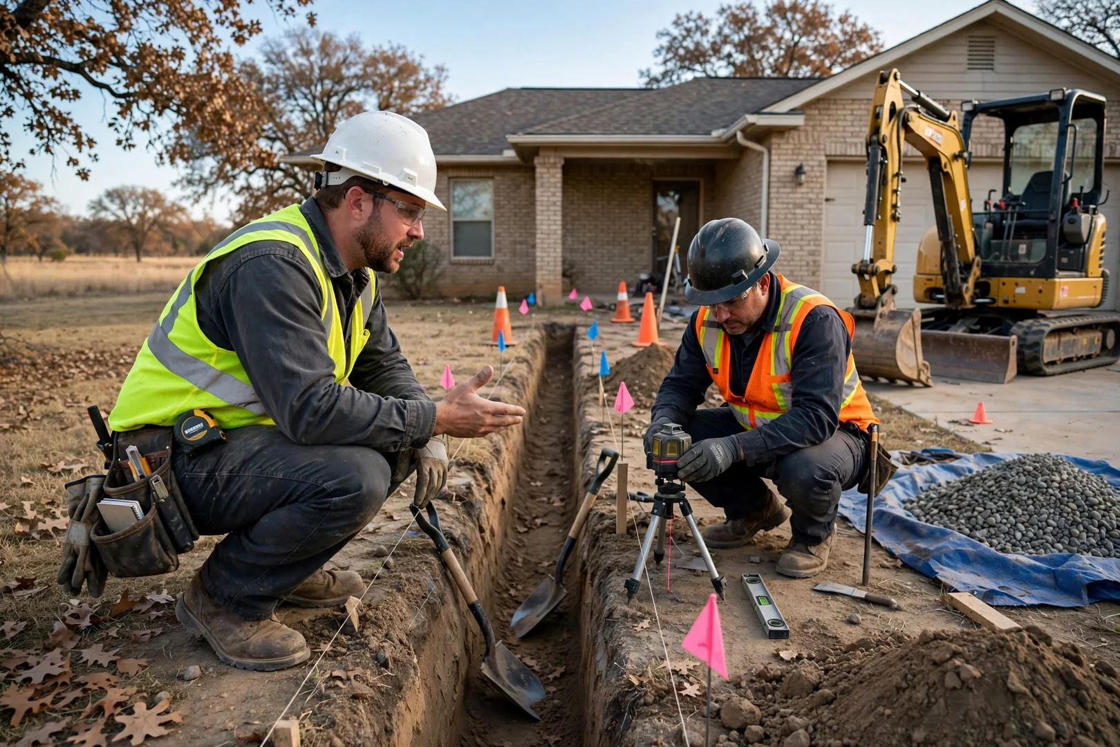 Excavation crew reviewing grade stakes and a site plan before digging in Lawton