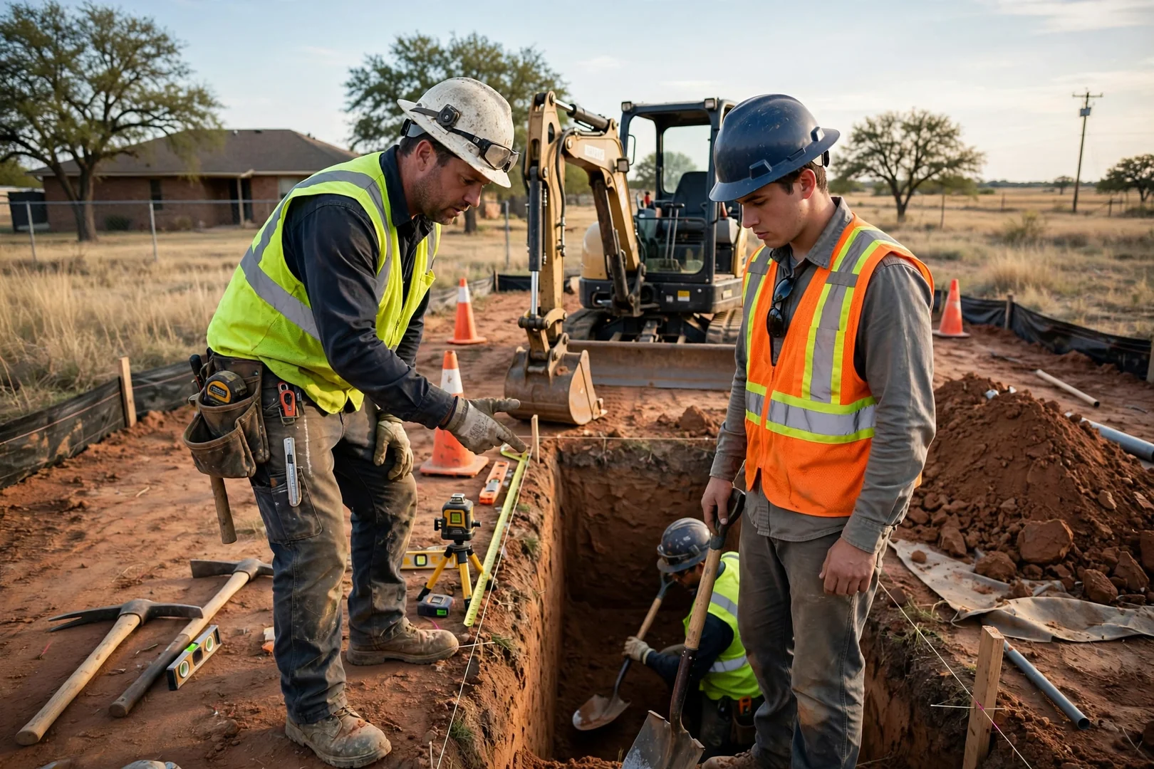 Excavator digging a foundation footing on a residential lot in Lawton, OK