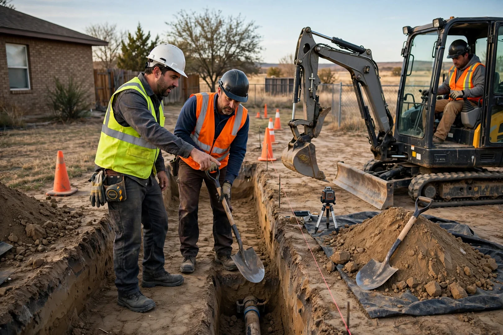 Excavator digging a basement foundation with spoil pile on a residential lot in Lawton