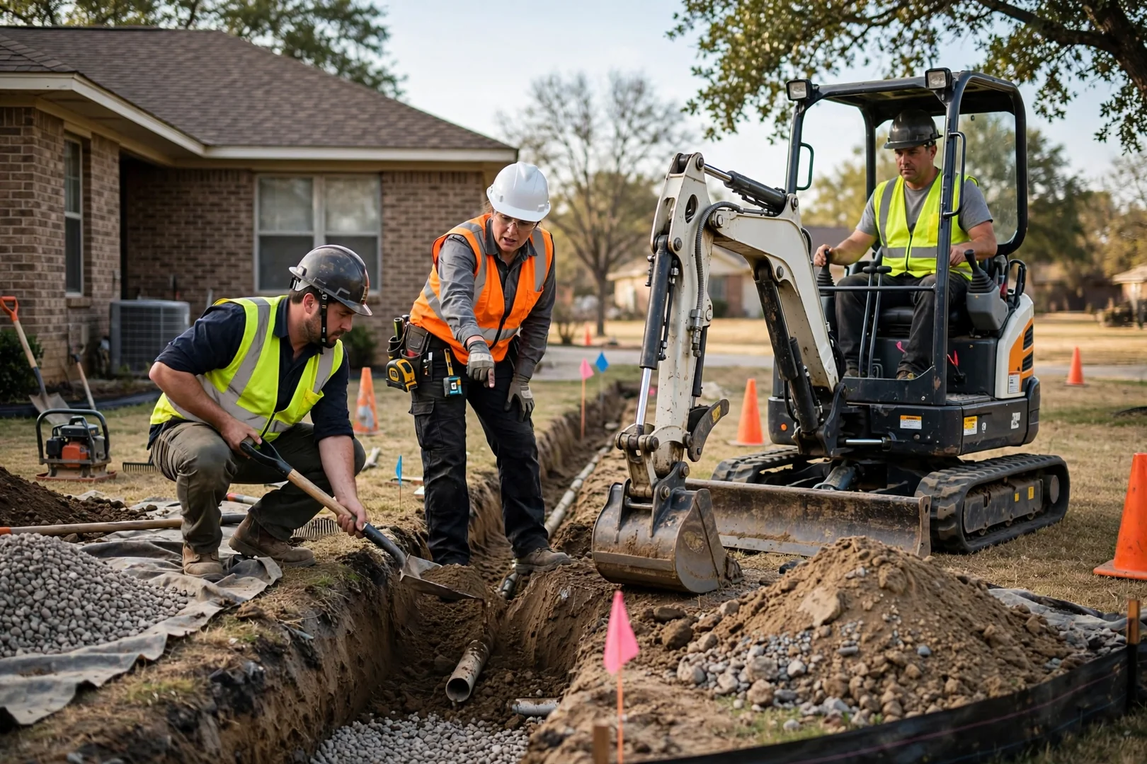 Skid steer grading a residential lot slope in Lawton