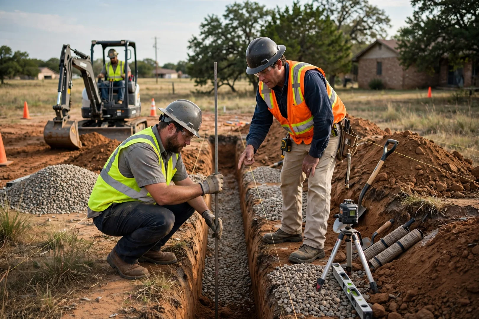 Narrow utility trench with conduit beside a residential yard in Lawton